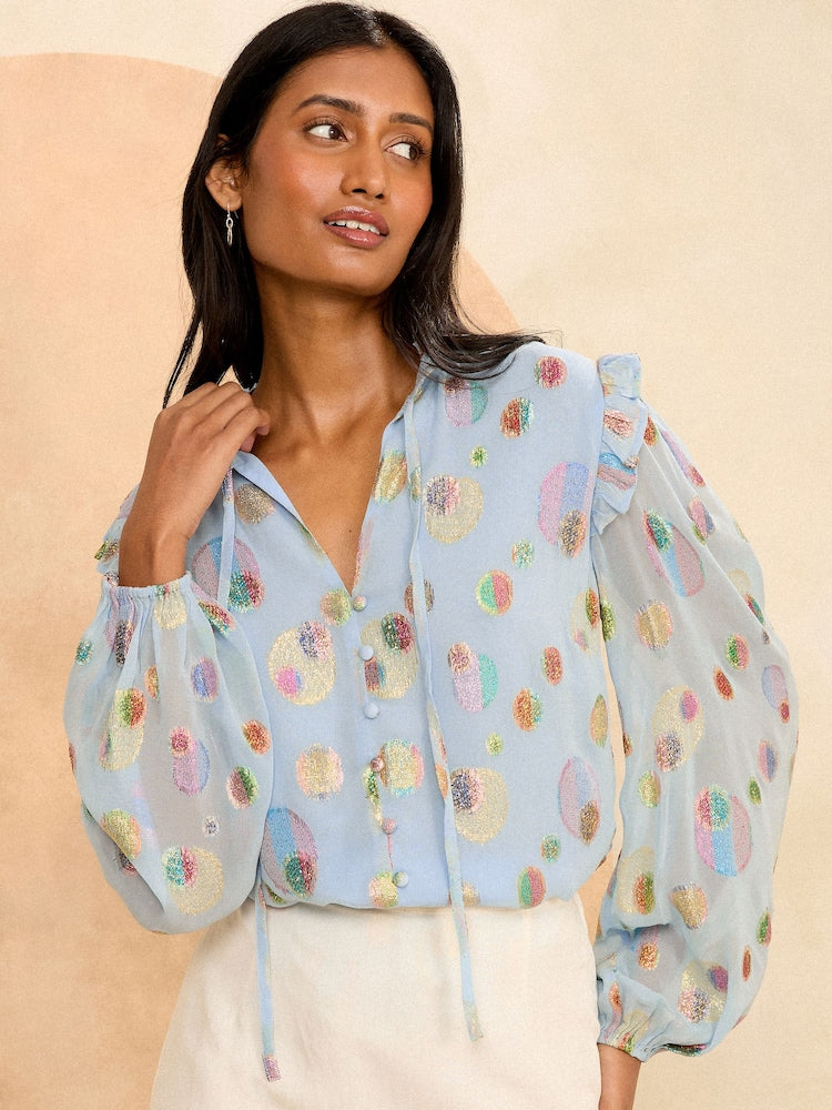 Blue Ruffle Sheer Tie Neck Long Sleeve Blouse