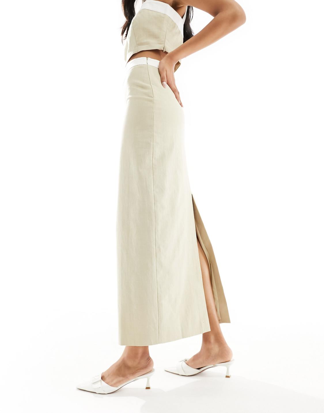 linen contrast maxi skirt in beige
