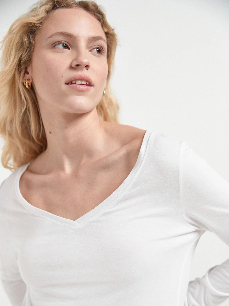 White Slouch V-Neck Long Sleeve T-Shirt