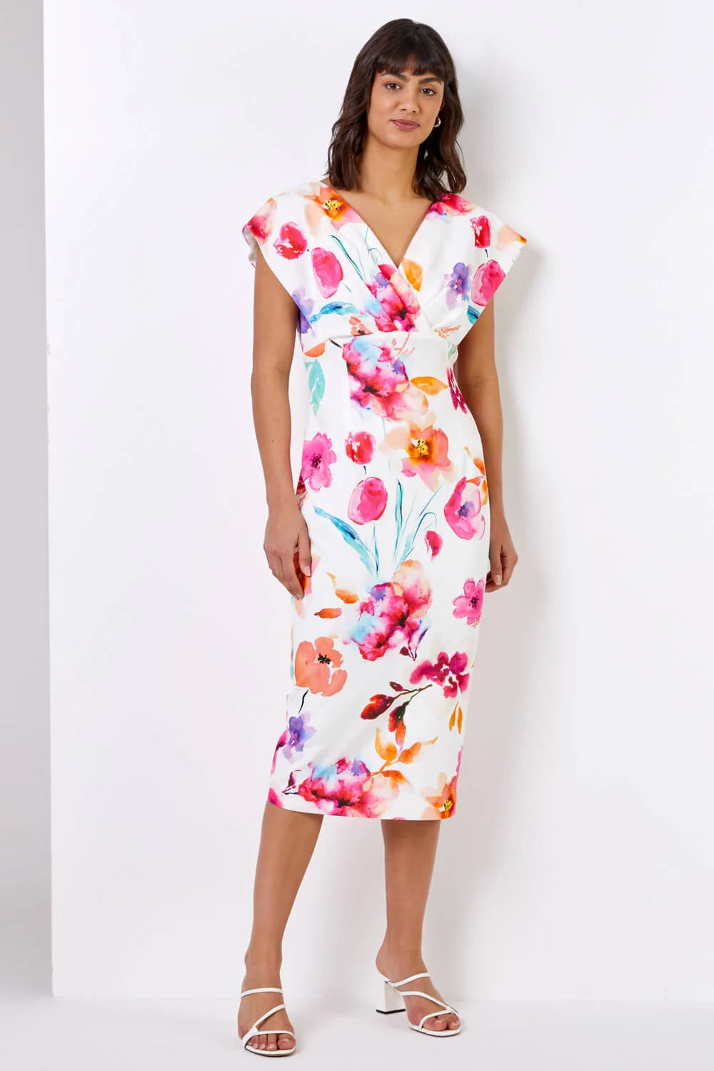Ivory Floral Print Cross Front Midi Dress