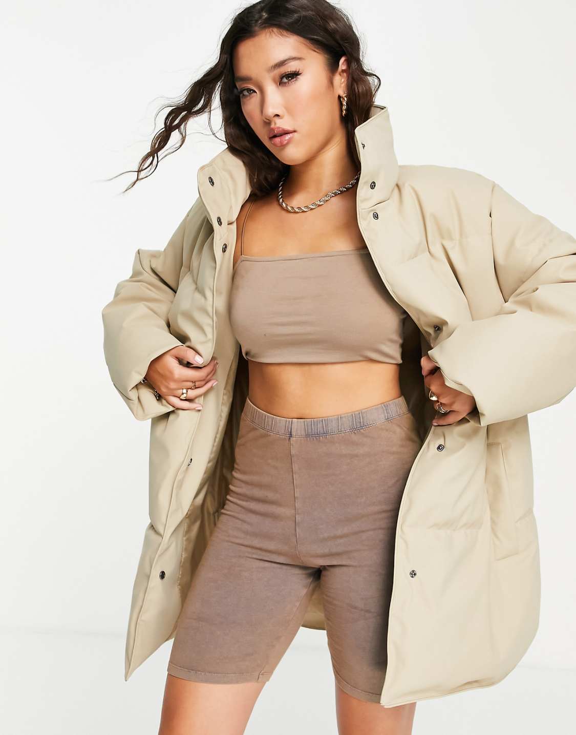 ASOS DESIGN rubberised oversized puffer jacket in camel