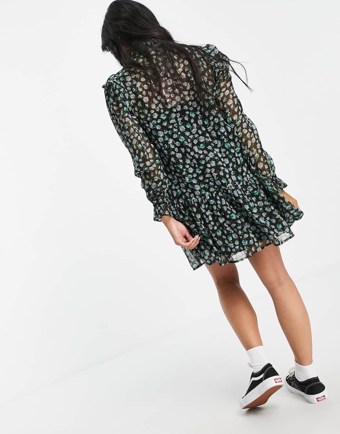 Petite tie neck chiffon mini dress in black