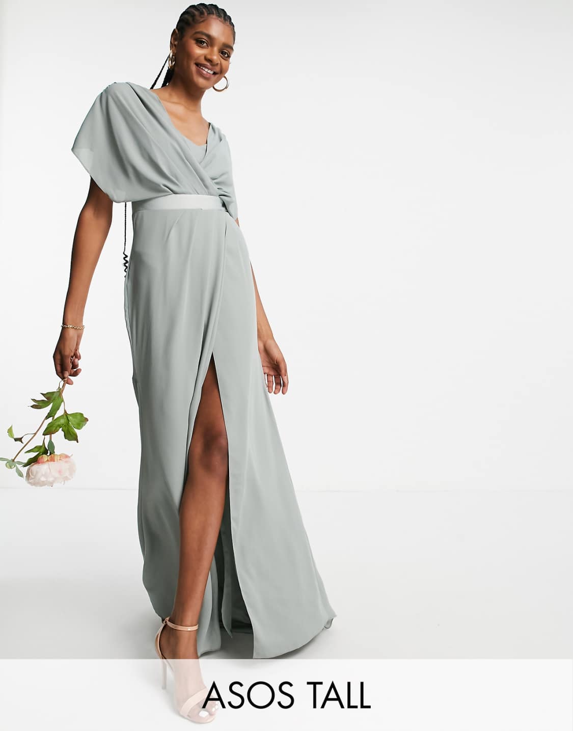 Tall Bridesmaid Short Sleeved Cowl Front Maxi Dress with Button Back detail in olive