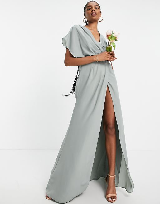 Tall Bridesmaid Short Sleeved Cowl Front Maxi Dress with Button Back detail in olive