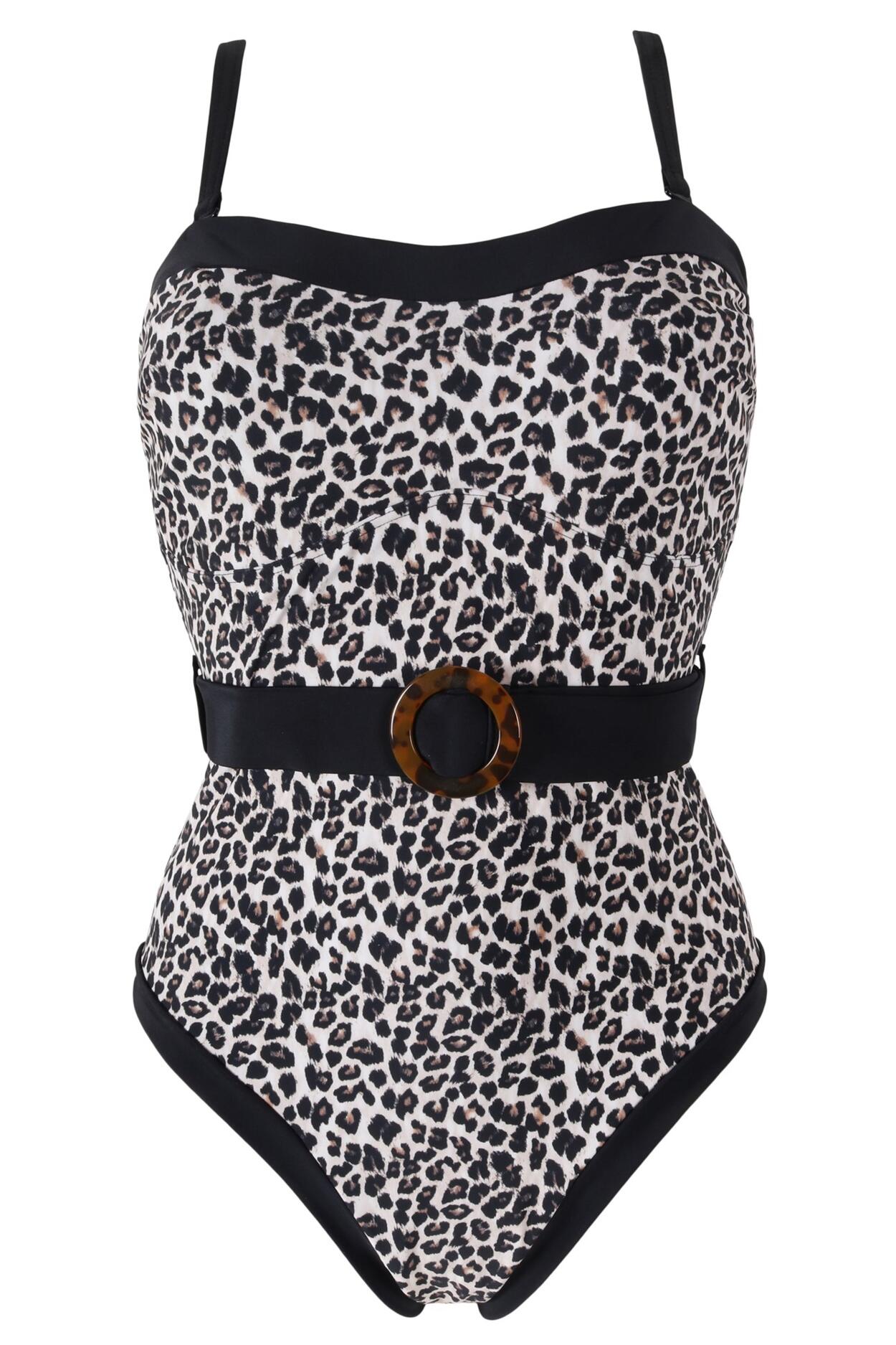 Strapless Belted High Leg Tummy Control Swimsuit - Leopard