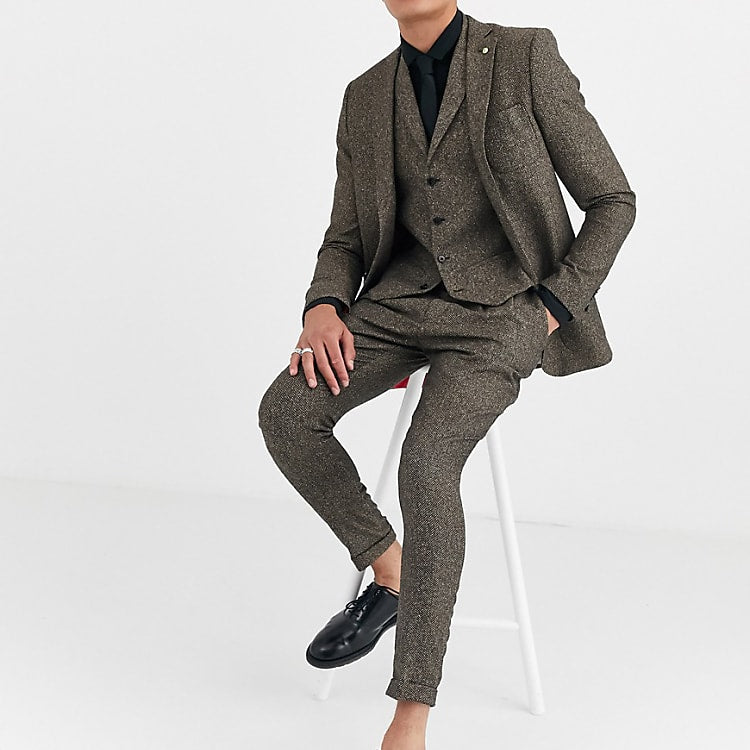 Tall tapered fit cropped suit trousers in herringbone