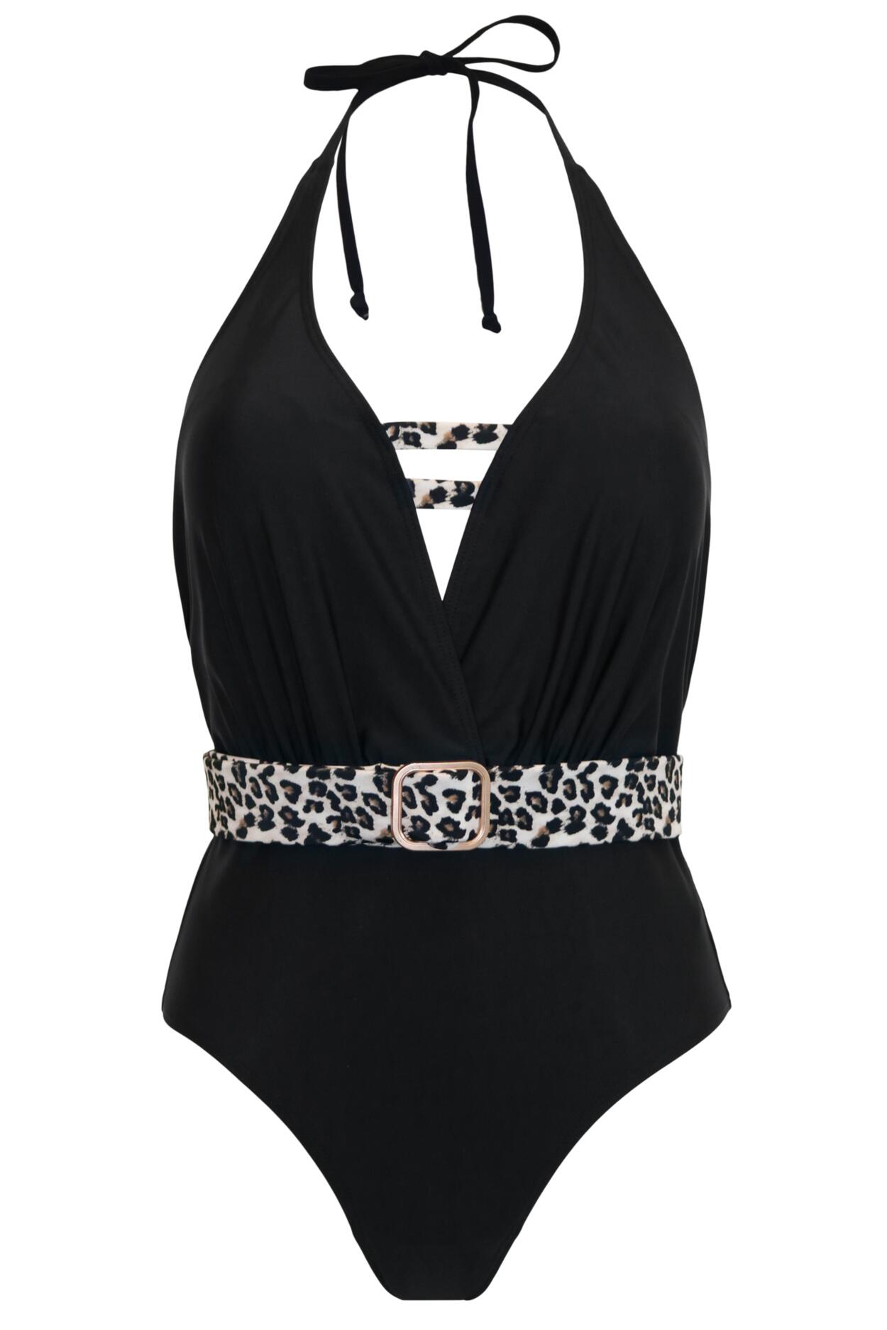 Wild Halter Belted Plunge Control Swimsuit - Black/Leopard