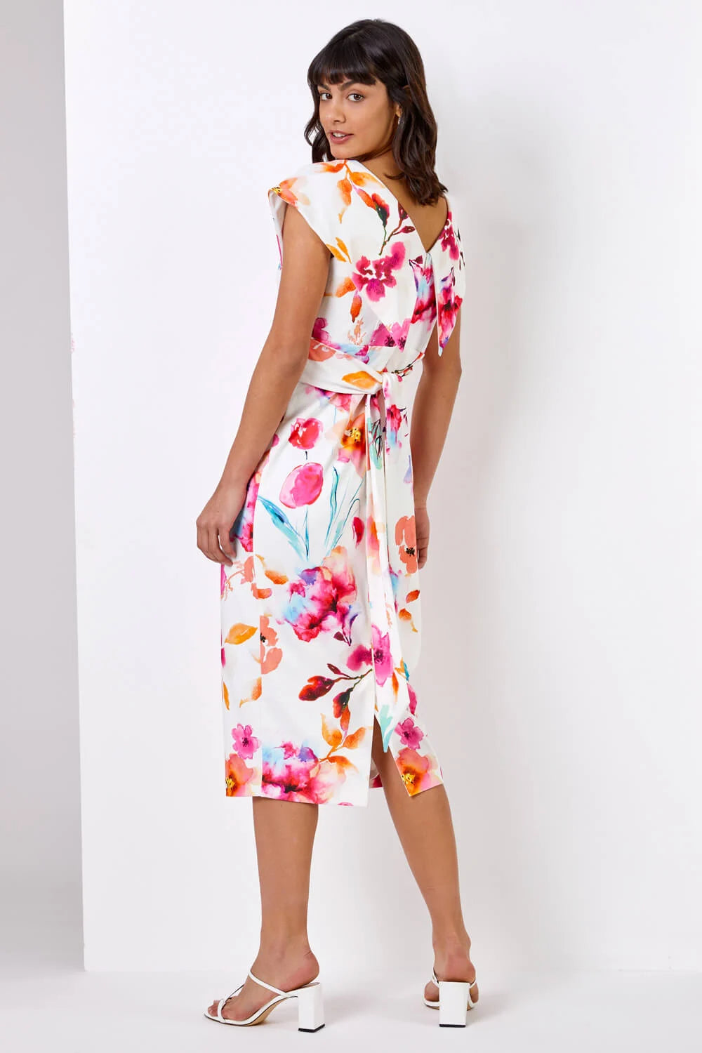 Ivory Floral Print Cross Front Midi Dress