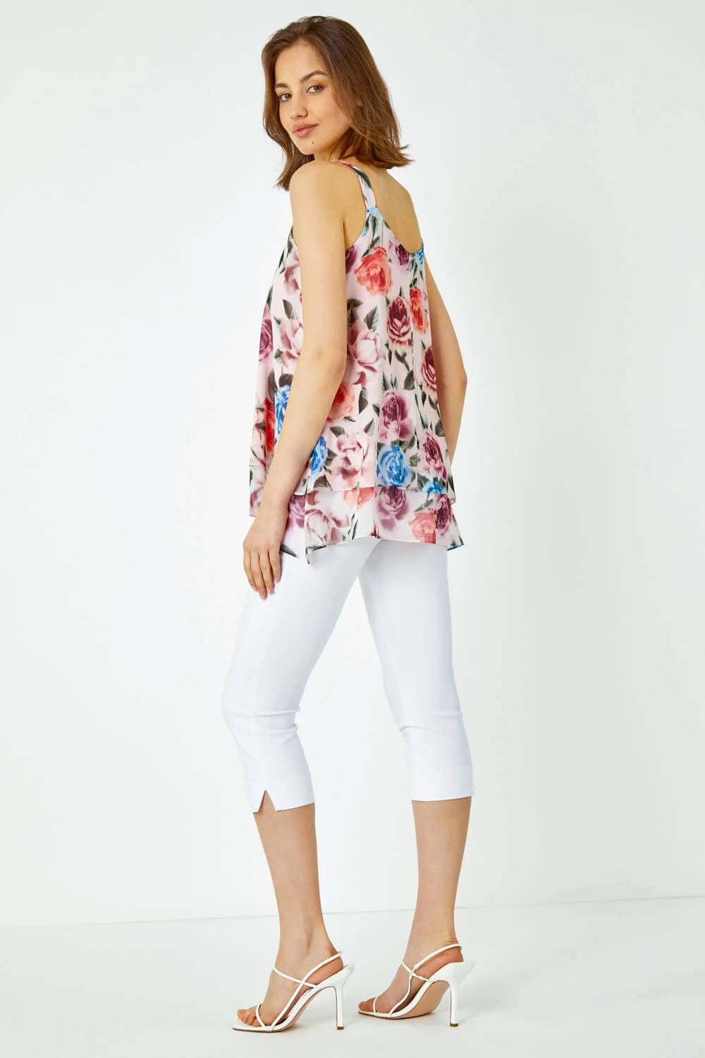 Light Pink Sleeveless V-Neck Floral Double Layer Top