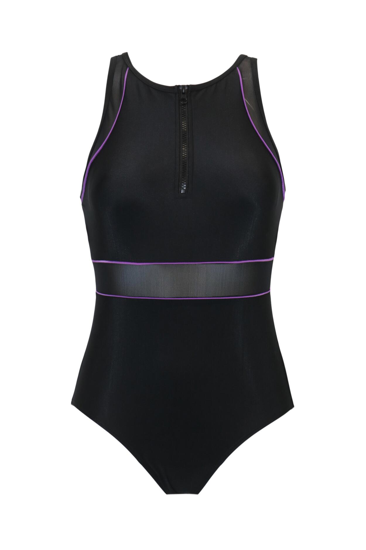 Energy Chlorine Resistant High Neck Zip Front Swimsuit - Black/Purple