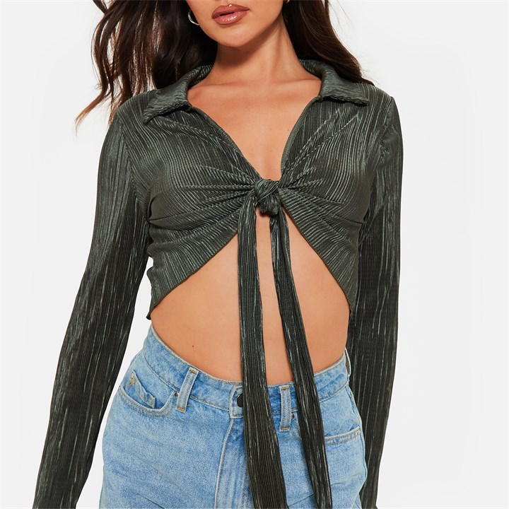 Tie Front Plisse Crop Shirt Khaki