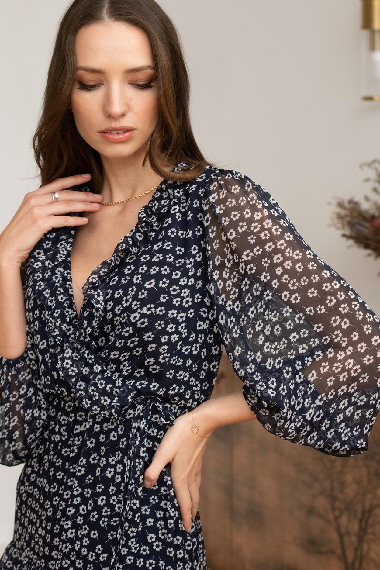 Lily Fuller Bust Chiffon Frill Midaxi Dress - Navy Ditsy