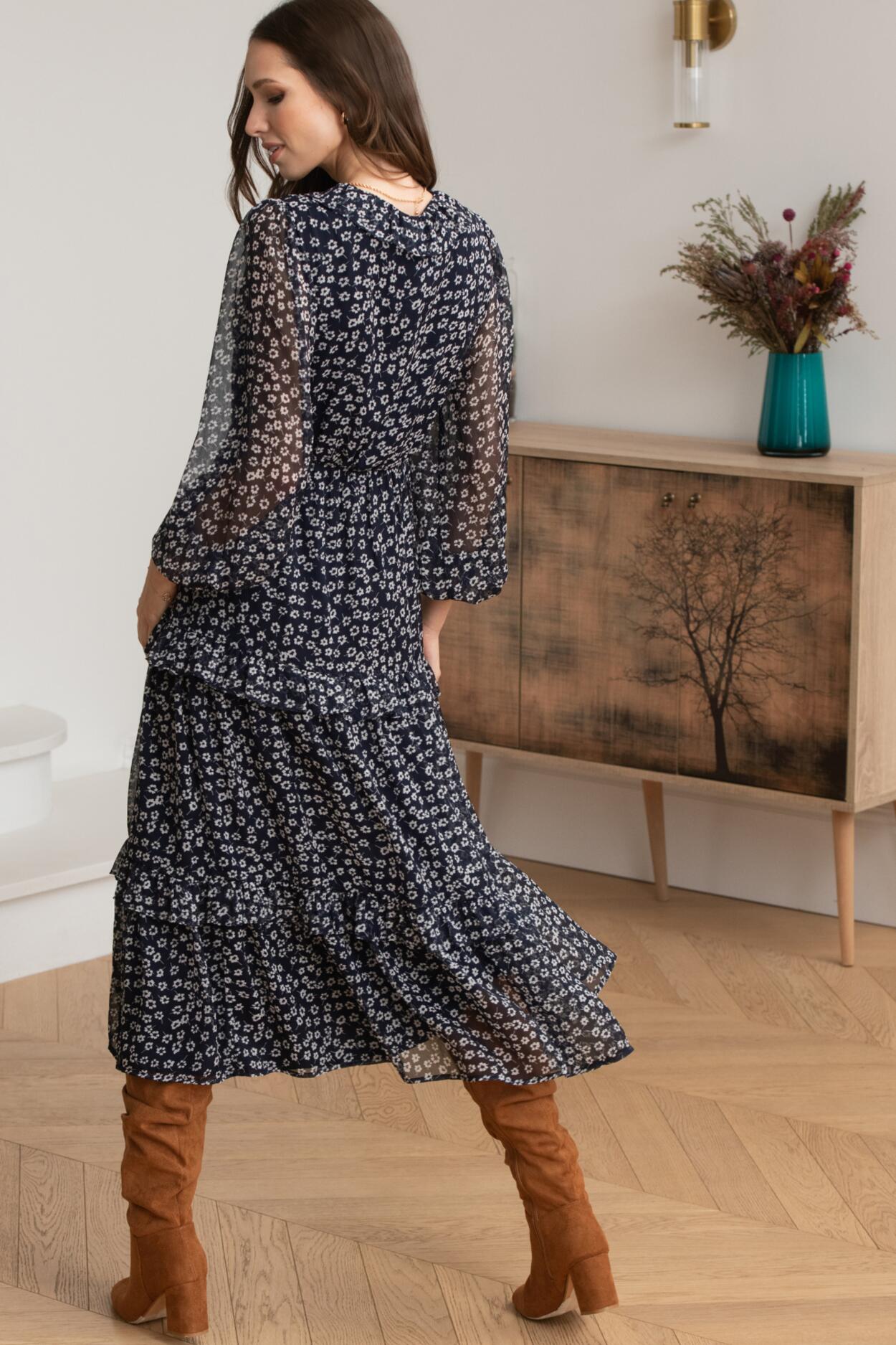 Lily Fuller Bust Chiffon Frill Midaxi Dress - Navy Ditsy
