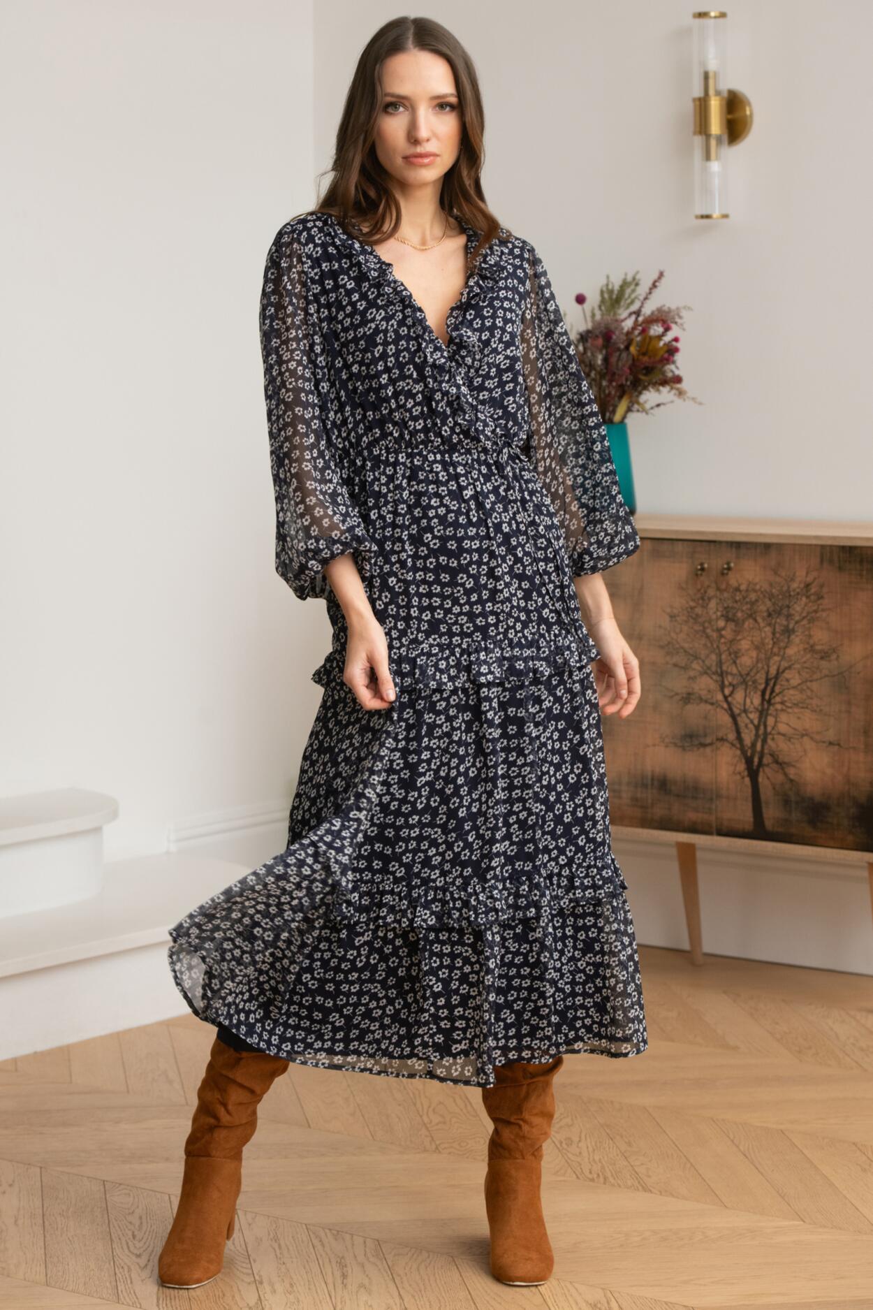 Lily Fuller Bust Chiffon Frill Midaxi Dress - Navy Ditsy