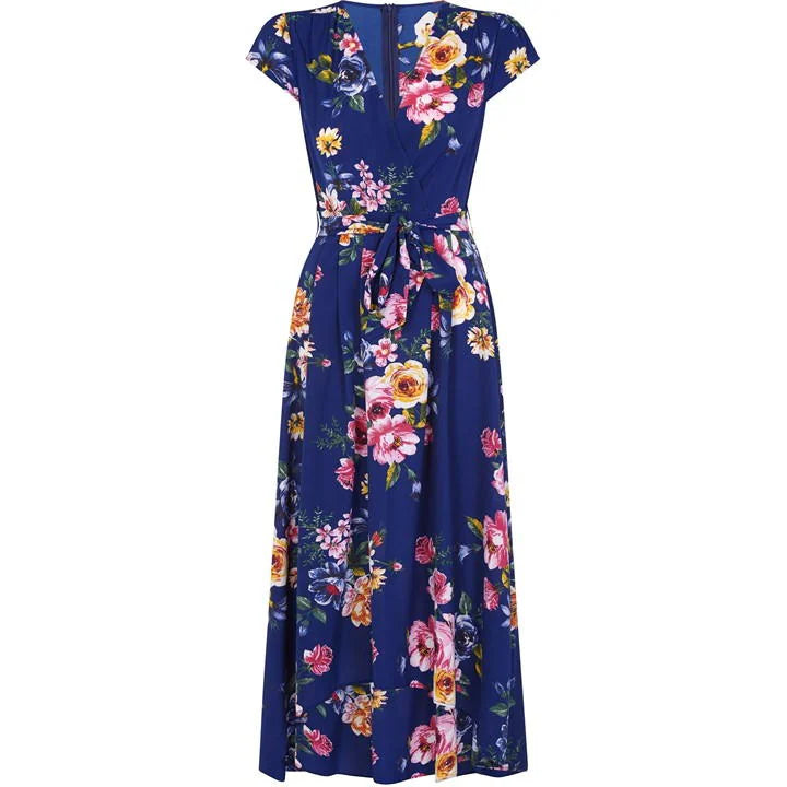 Blue Floral Dipped Hem Midi Dress