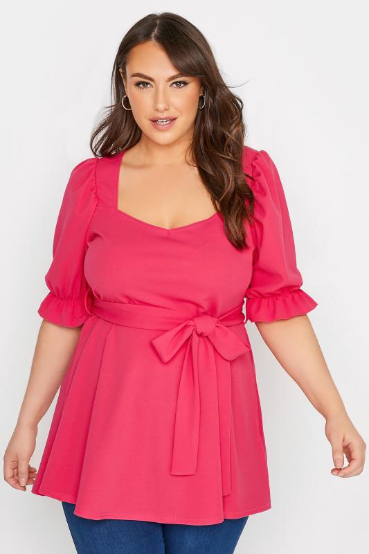 Peplum top with sweetheart neck in hot pink