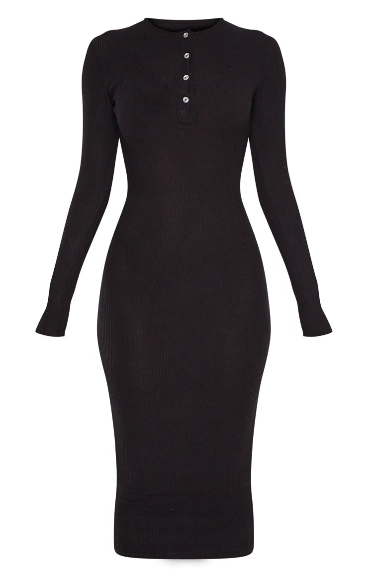 Black Brushed Rib Button Front Midaxi Dress