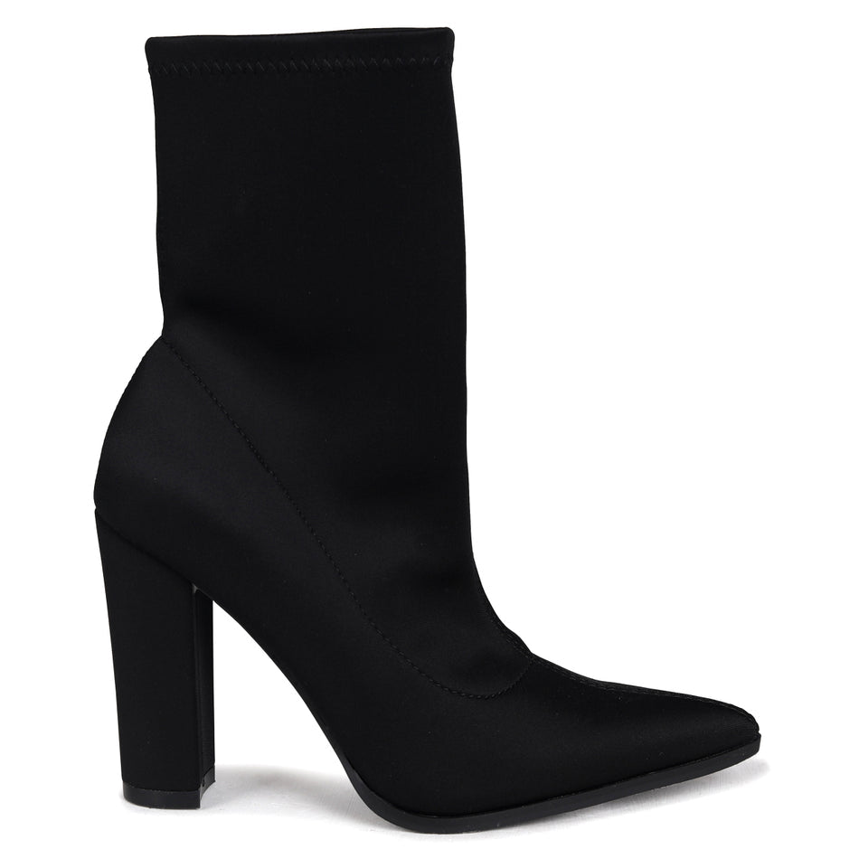 Black Lycra Pointed Toe Sock Boot With Block Heel