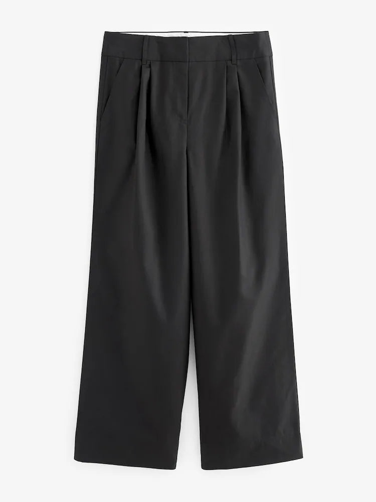 Black Cotton Mix Smart Wide Leg Trousers