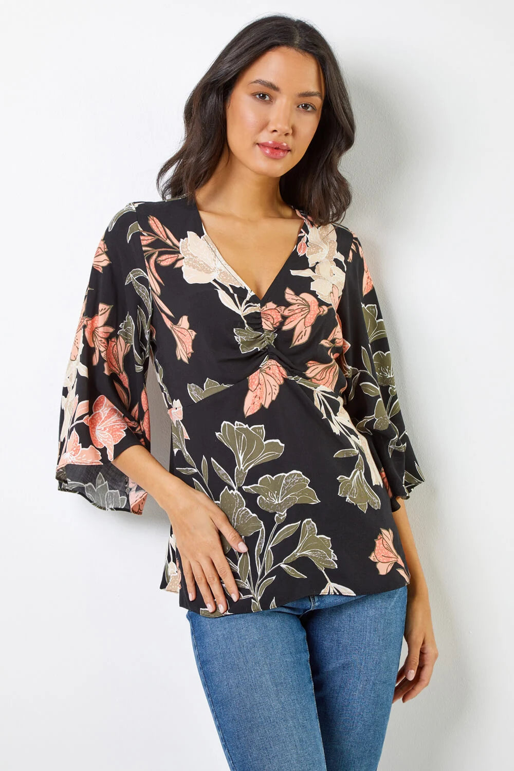 Black Tropical Print V-Neck Ruched Tunic Top