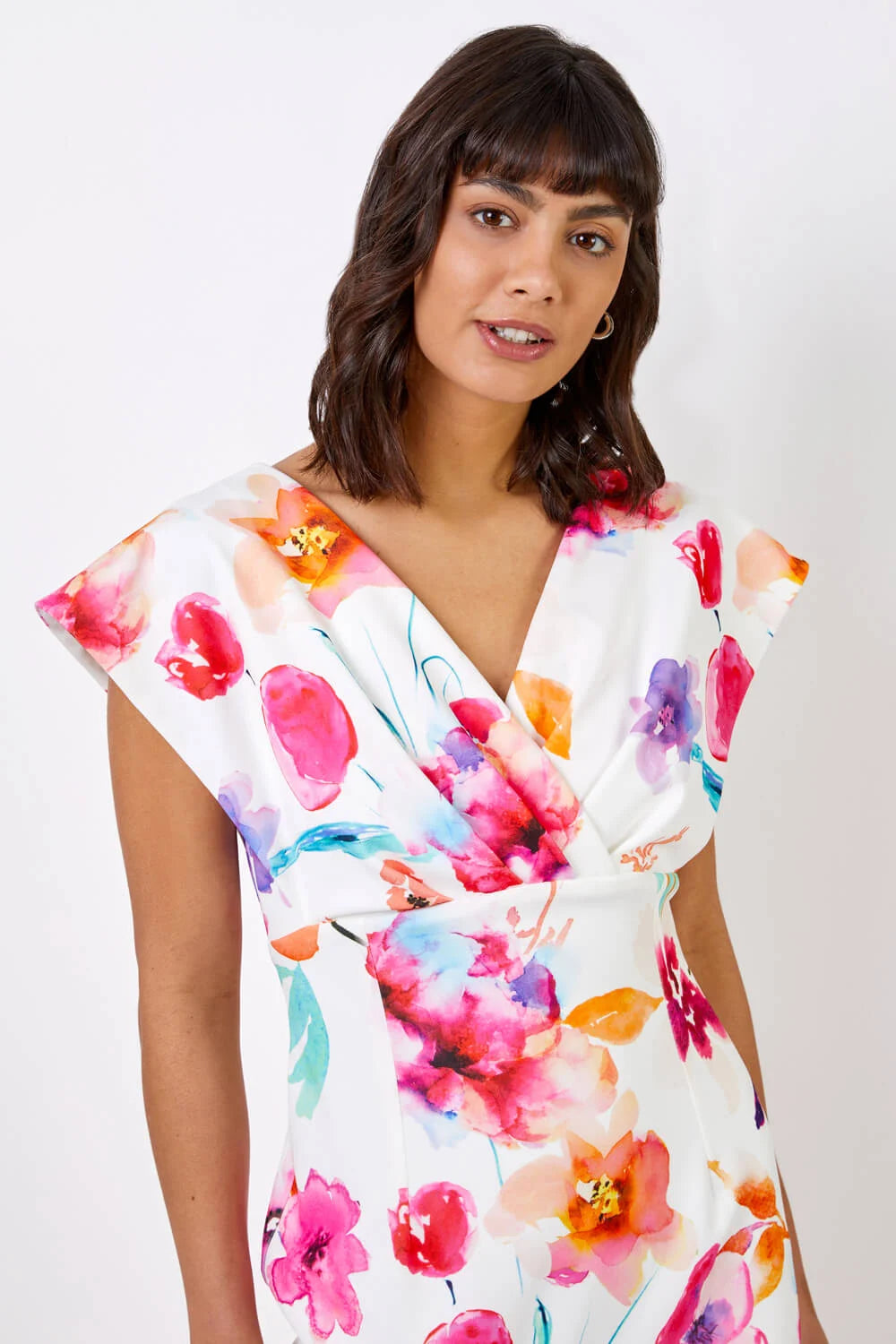 Ivory Floral Print Cross Front Midi Dress