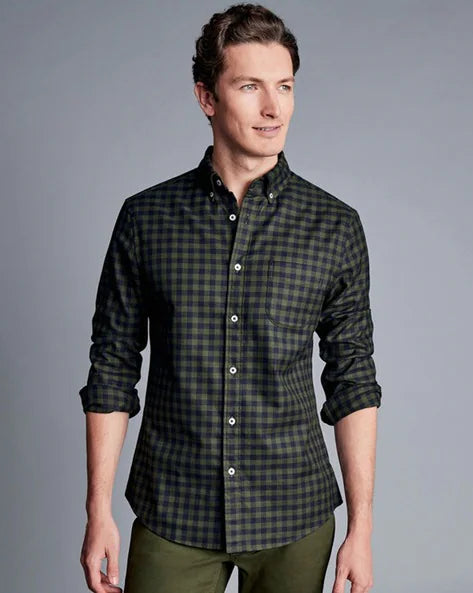 Button-Down Collar Non-Iron Twill Gingham Slim Fit Shirt - Olive Green