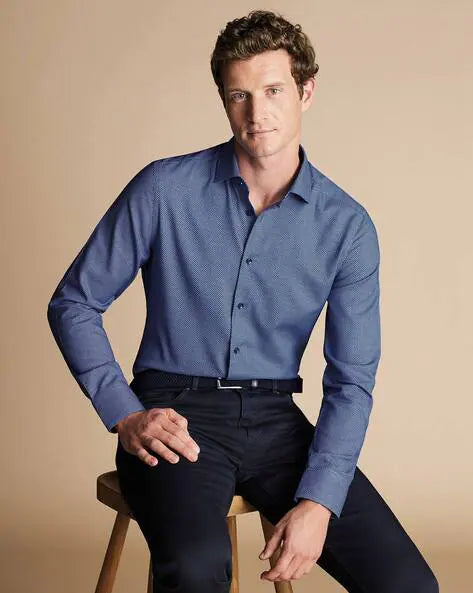 Blue Oval Non-iron Stretch Texture Slim Fit Shirt