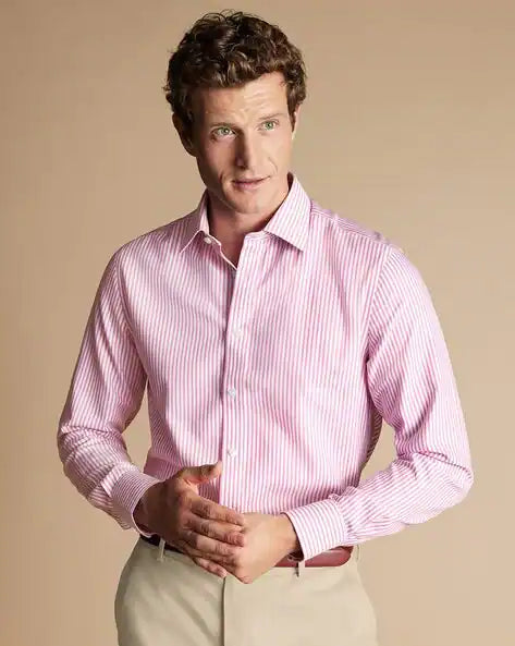 Non-Iron Royal Oxford Butcher Stripe Slim Fit Shirt - Pink