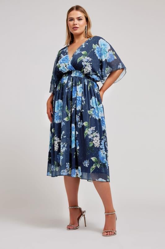 Navy blue floral dress with elastic waist