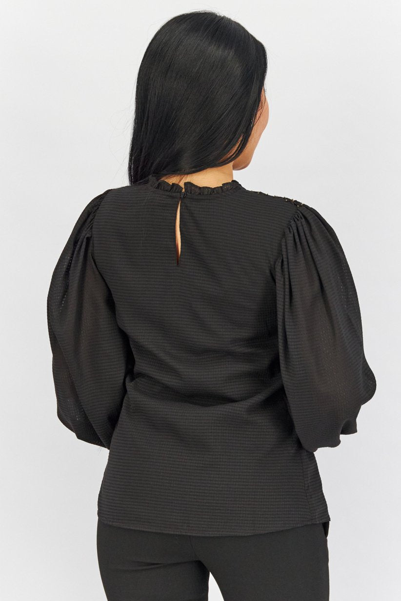 Women Ruffle Neck Long Sleeve Studded Blouse, Black and Gold