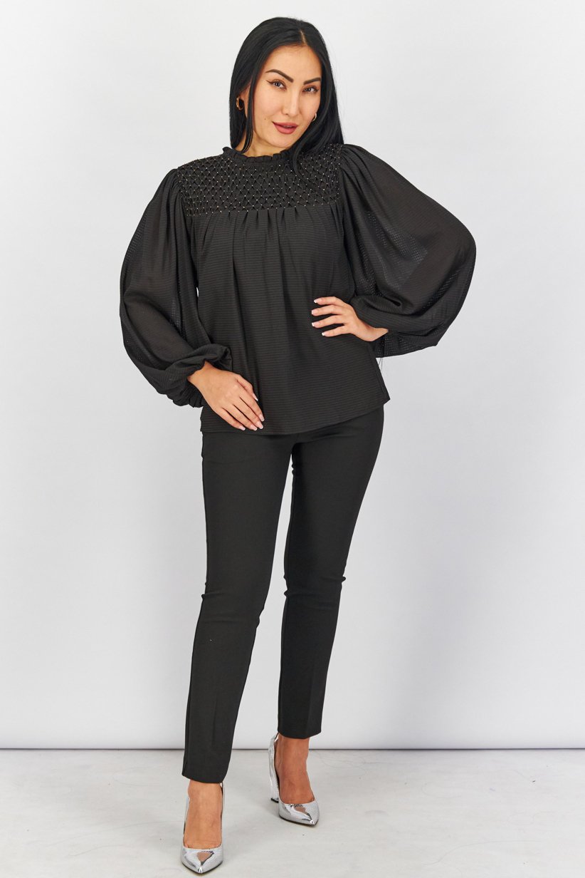 Women Ruffle Neck Long Sleeve Studded Blouse, Black and Gold