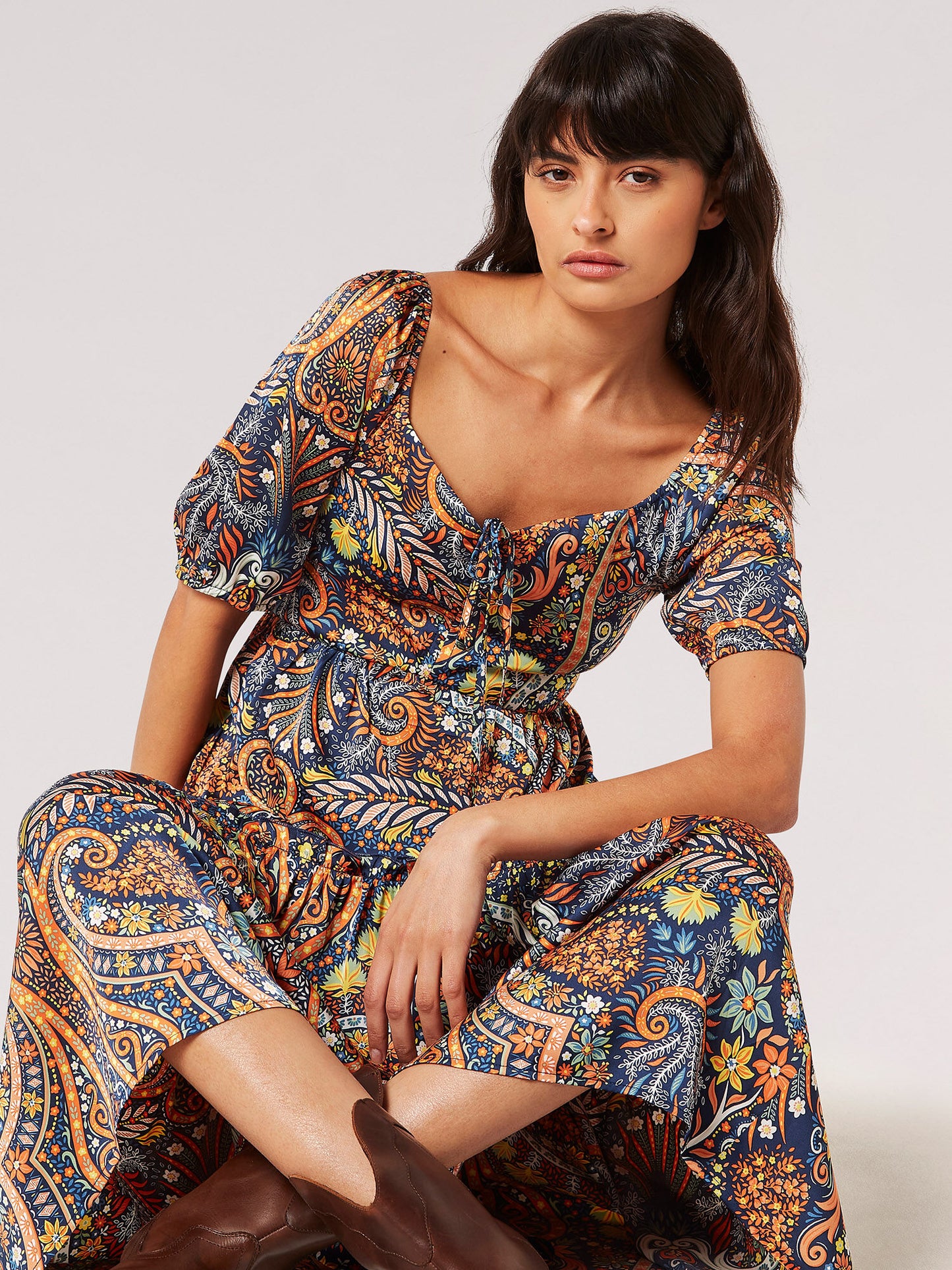 Boho Floral Satin Midi Dress