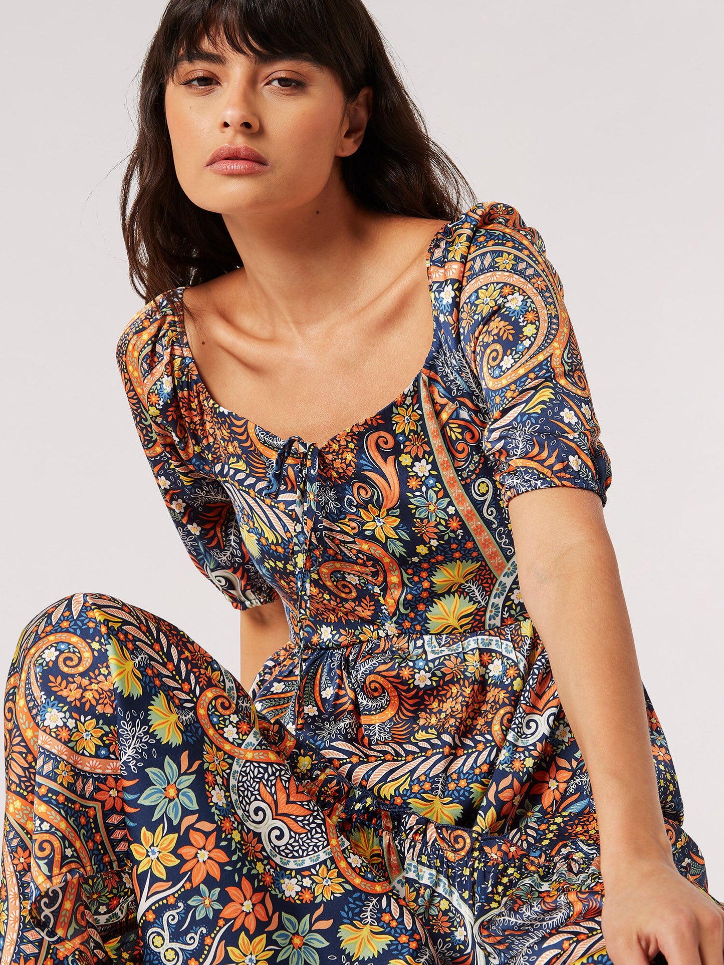 Boho Floral Satin Midi Dress
