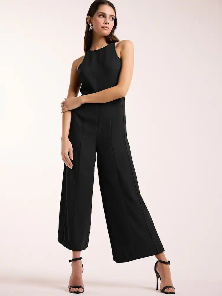 Black Sleeveless Wide Leg Crepe Jumpsuit