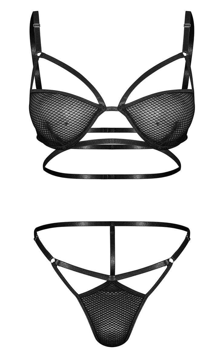 Black Fishnet Underwired Strappy Lingerie Set with G-String