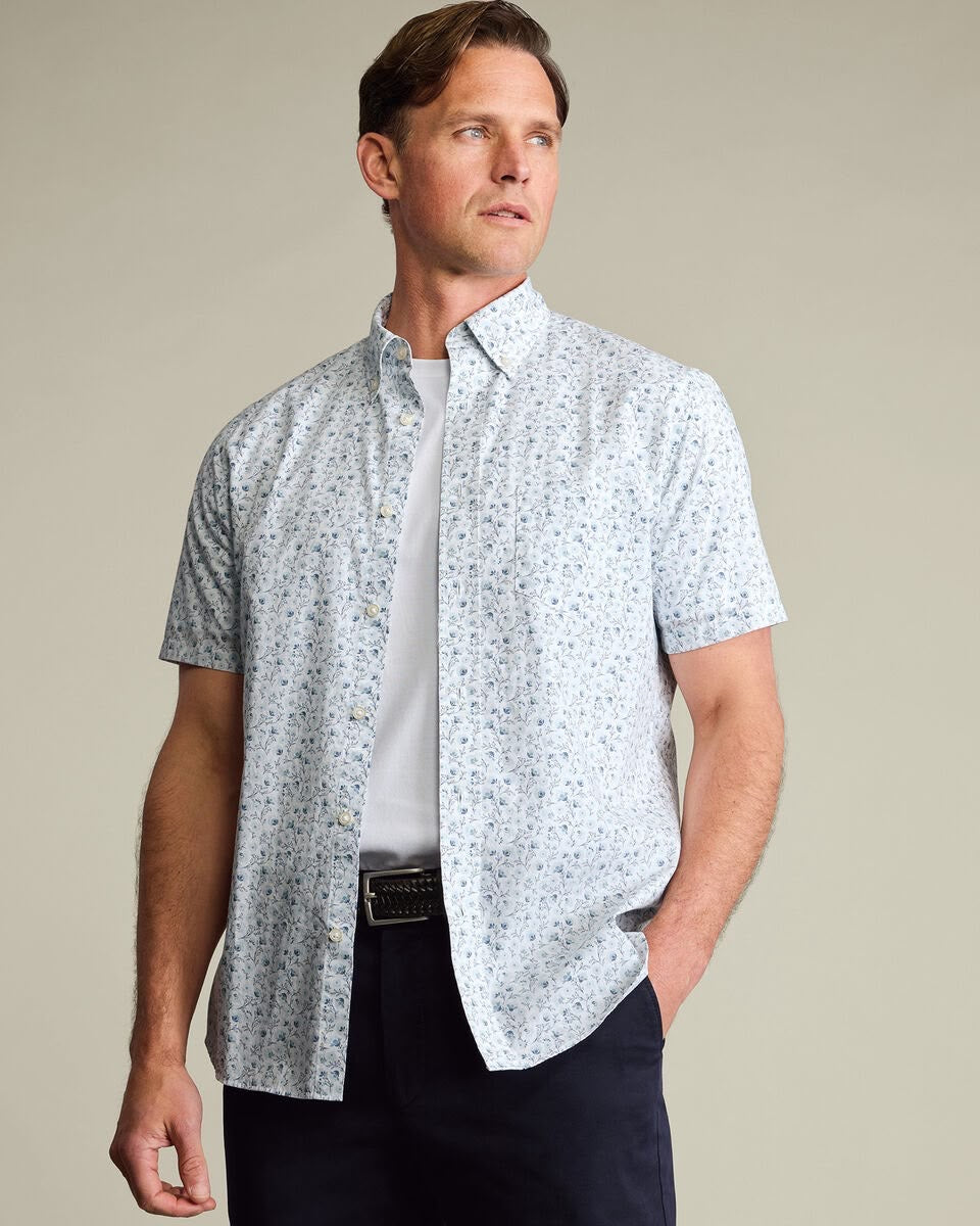Stretch Washed Poplin Floral Classic Fit Shirt -Short Sleeve