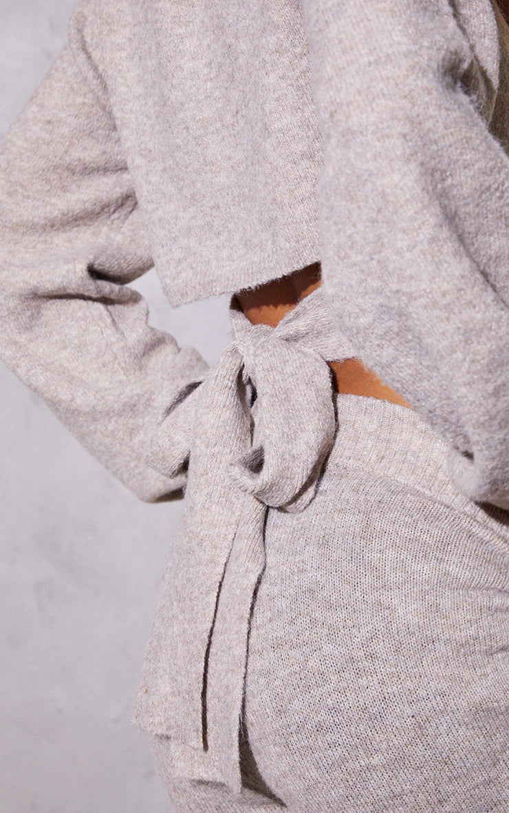 Oatmeal Knitted Tie Back Cropped Jumper