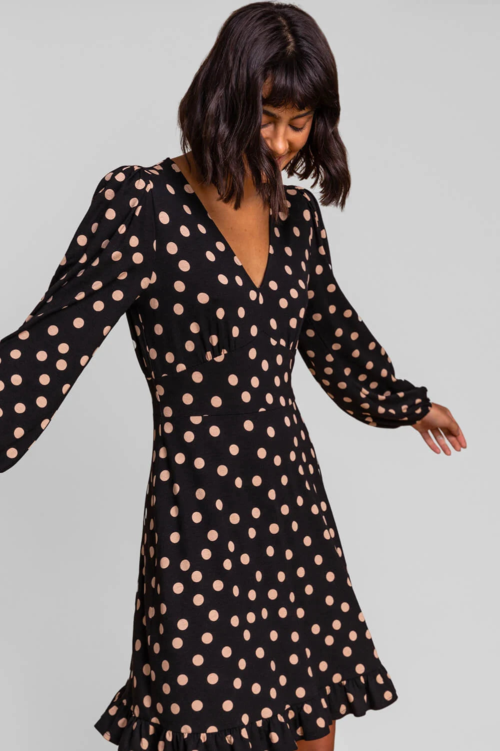 Black Frill Detail Spot Stretch Dress