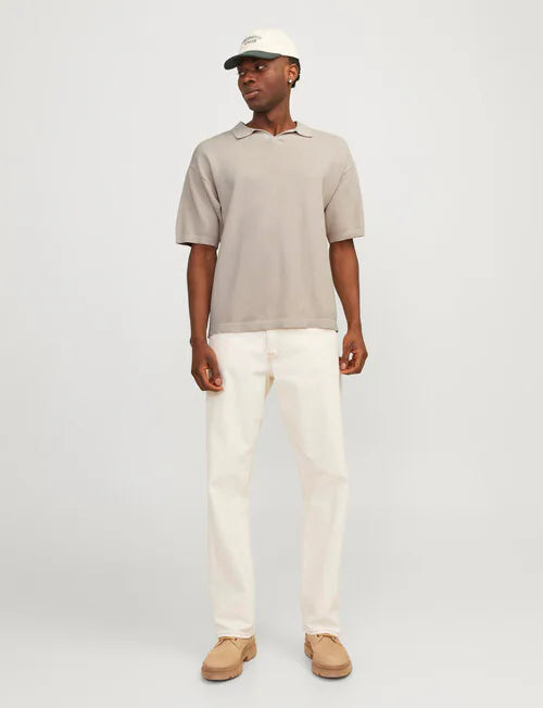 Linen Blend Knit Polo Shirt, Moonbeam