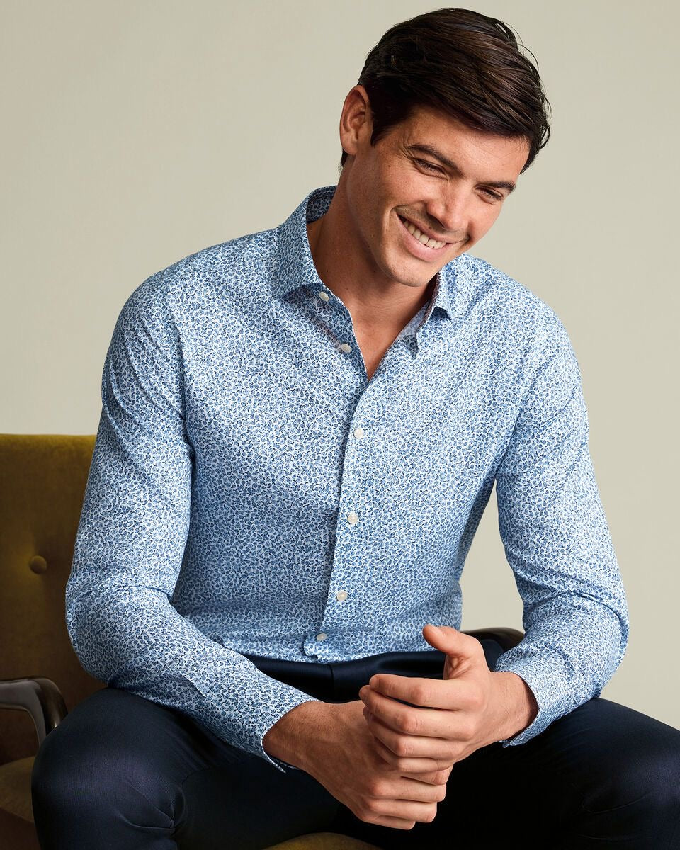 Semi-Cutaway Collar Non-Iron Stretch Floral Print Shirt – White & Sky Blue