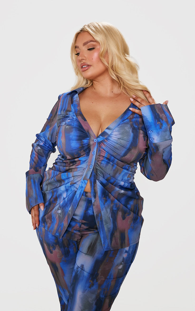 Plus Blue Abstract Print Chiffon Ruched Fitted Shirt and Trouser Set