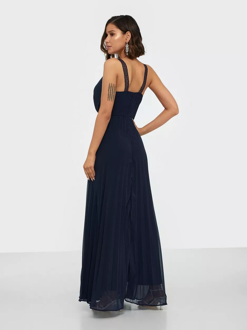 Lace Straps Navy Pleated Maxi Dress