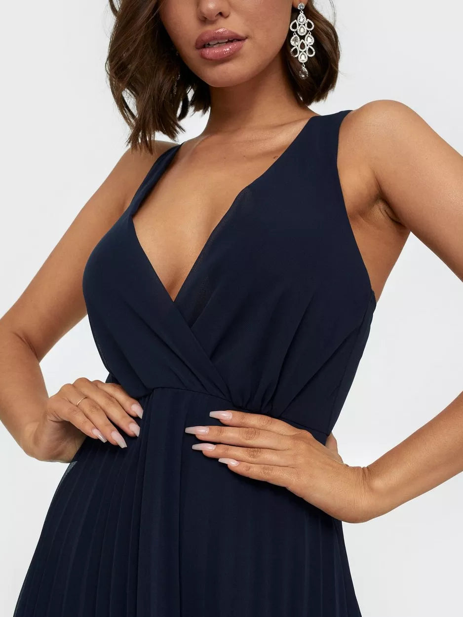 Lace Straps Navy Pleated Maxi Dress