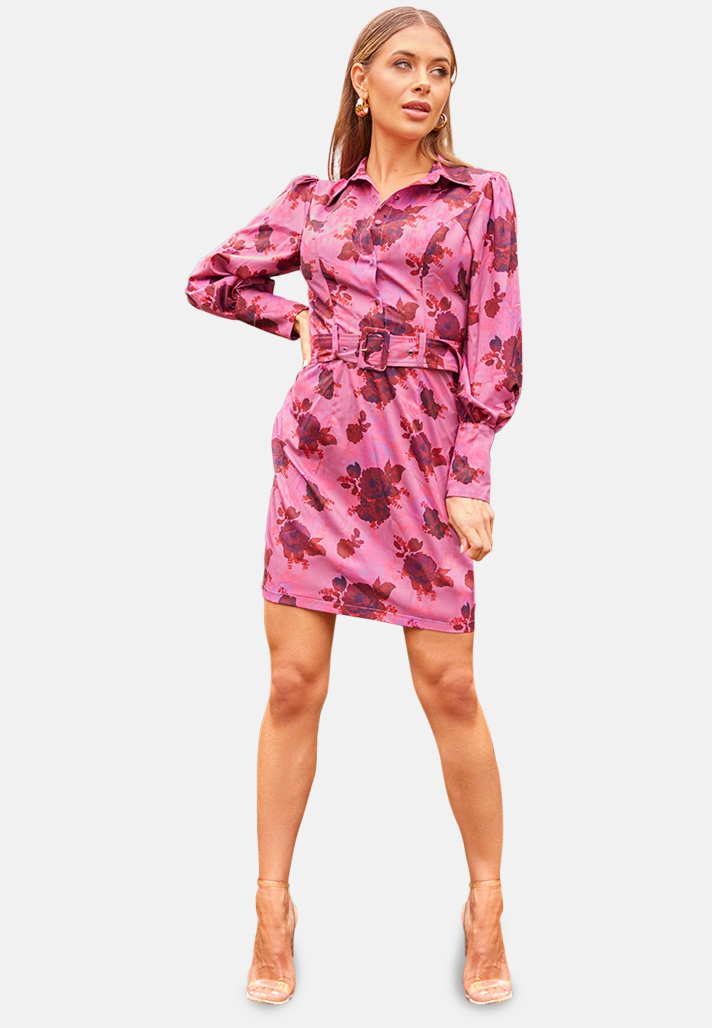 Floral Print Shirt Dress in Pink