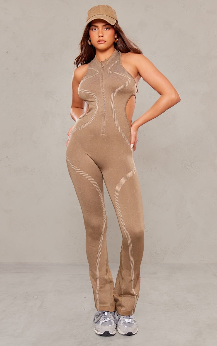 Nude Seamless Contrast Seam Cut Out Sleeveless Unitard.