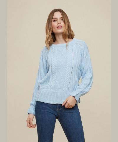 Light Blue Cable Knit Ruffle Sweater