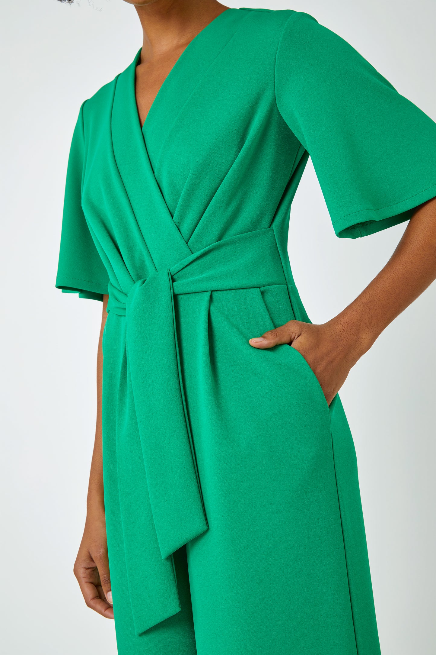 Green Angel Sleeve Cropped Wrap Jumpsuit