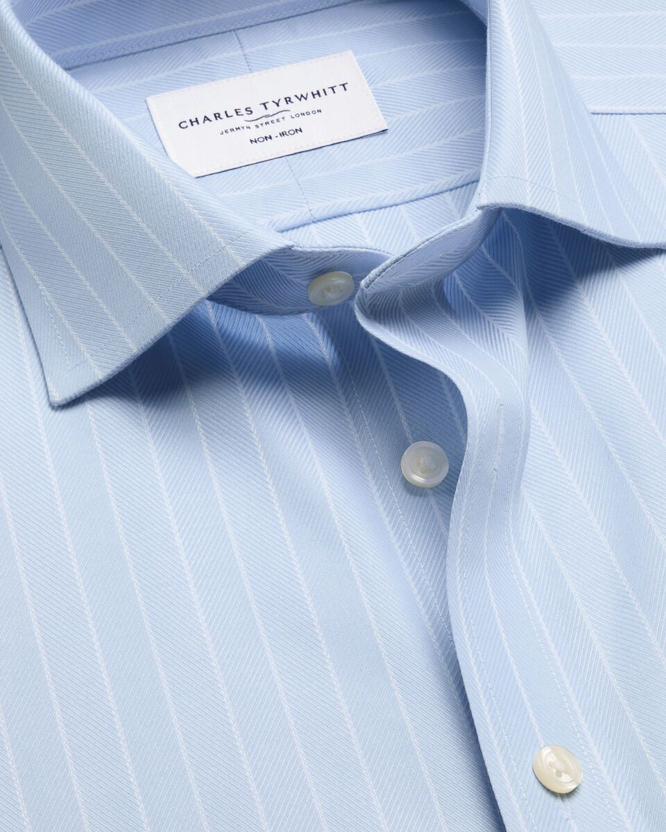 Cutaway Collar Non-Iron Herringbone Stripe Slim Fit Shirt – Light Blue