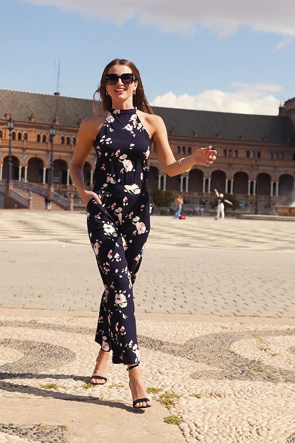 Navy Blue Floral Print Halter Neck Jumpsuit