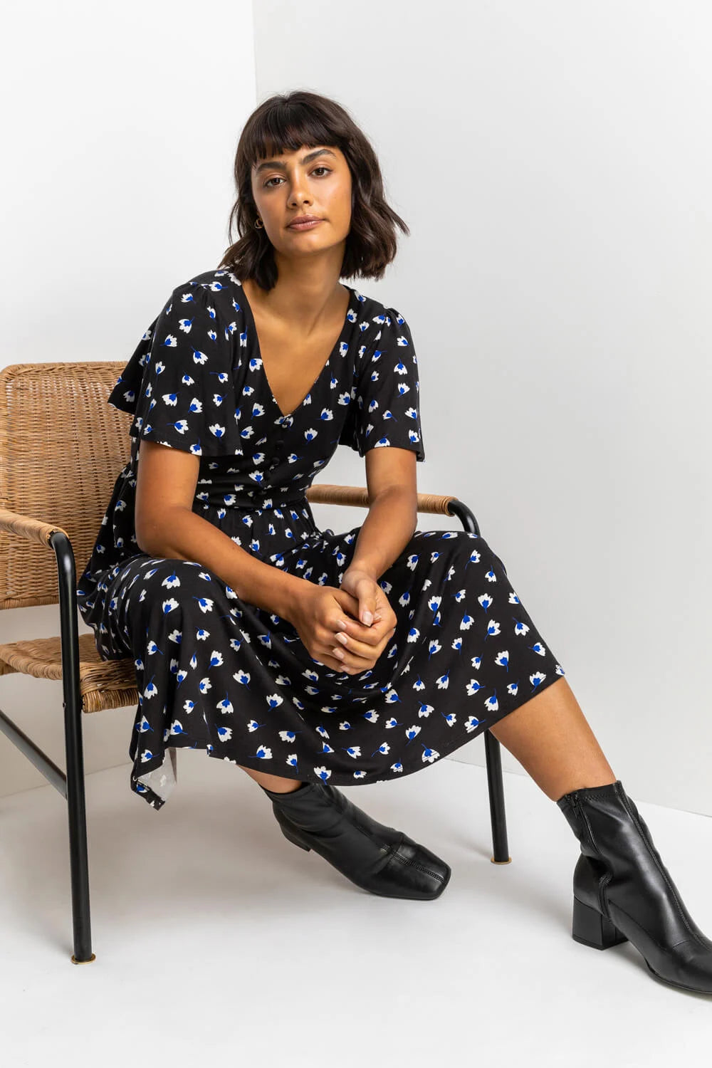 Blue Button Detail Floral Tea Dress